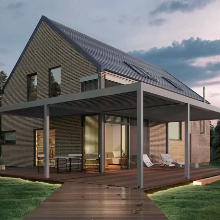 Pergola bioclimatique DETENTE à adossée lames perpendiculaires sans lumière