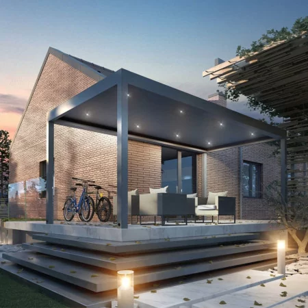 Pergola bioclimatique DETENTE à adossée lames perpendiculaires avec lumière