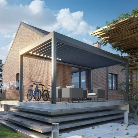 Pergola bioclimatique DETENTE à adossée lames perpendiculaires