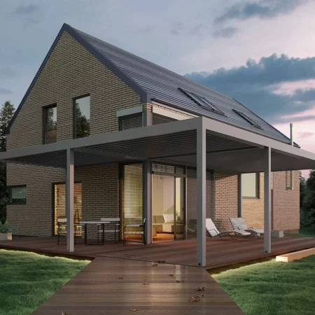 Pergola bioclimatique DETENTE à adossée lames parallèles orientables de 0° à 135°