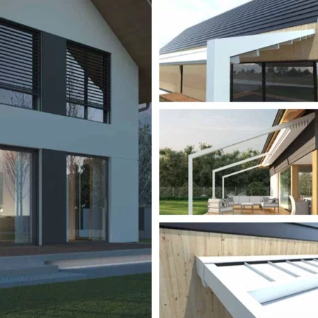 Pergola design adossée sur mesure à toit retractable pas chère.