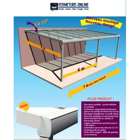 Carport toit plat polycarbonate top adossé - prix d'usine