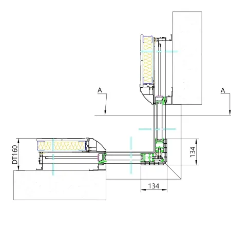 Coupe horizontale d'un Châssis Aluminium à Galandage d'Angle