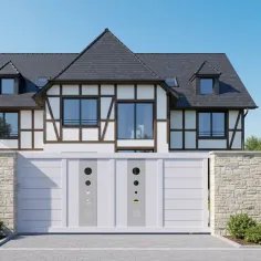 Devant une maison Alsacienne notre Portail Coulissant en Aluminium Mil Blanc