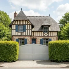 Devant une maison Normande le Portail Coulissant Gris en 3,5 ml