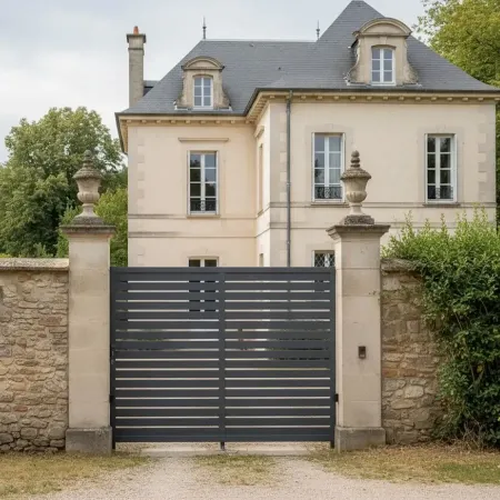 Même devant une vieille demeure il est trop beau notre Portail Coulissant en Aluminium