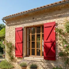 Volets battants rouges sur une maison en pierre traditionnelle, grande fenêtre bois et jardin fleuri avec rosiers et lavande.