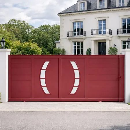 Portail coulissant en aluminium RAL 3004 intégré dans une clôture avec piliers blancs devant une maison de style nantais