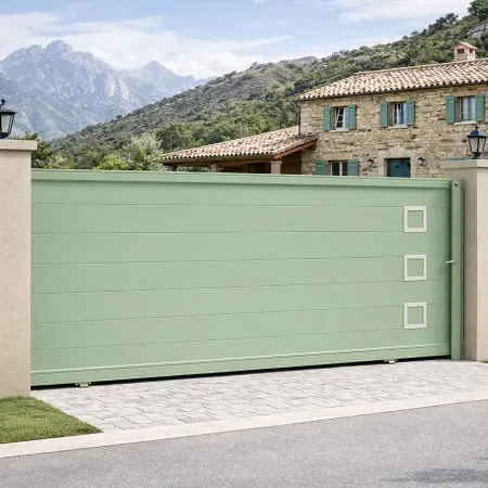 Portail coulissant en aluminium RAL 6021 vu de côté, intégré dans une clôture avec haies et piliers devant une maison en pierre