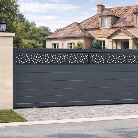 Portail coulissant en aluminium RAL 7016 intégré dans une clôture avec piliers en pierre devant une maison toulousaine en brique