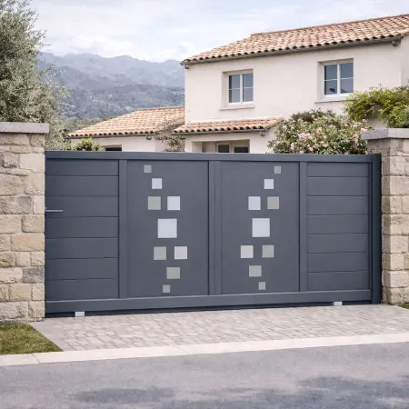 Portail coulissant en aluminium RAL 7016 avec poteaux en aluminium assortis, installé dans une clôture devant une maison