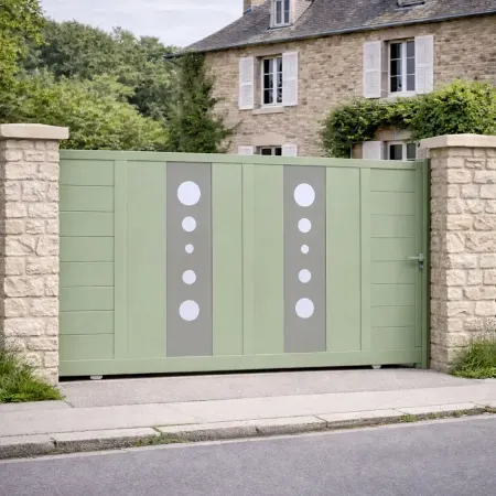 Portail coulissant aluminium couleur RAL 6021 intégré dans une clôture avec piliers sans lampes, devant une maison ancienne
