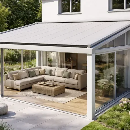 Store de toiture pour véranda moderne avec toile rétractable, installé sur une véranda en verre attenante à une maison