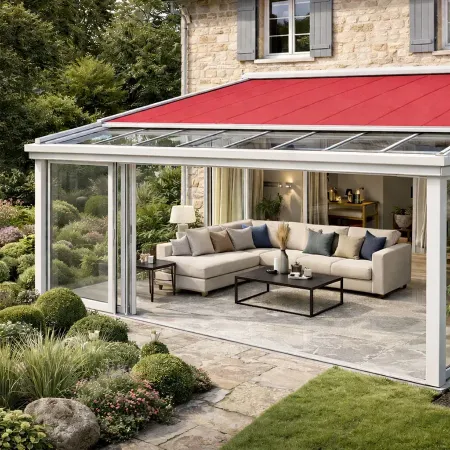 Véranda en aluminium avec store de toiture à toile rouge et sol intérieur en pierre naturelle, aménagée en salon lumineux ouvert