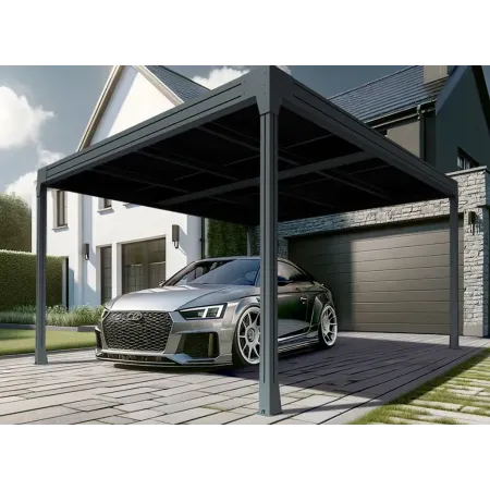 Abri solaire Électra Design 3 Îlot avec panneaux photovoltaïques en position portrait, carport aluminium anthracite