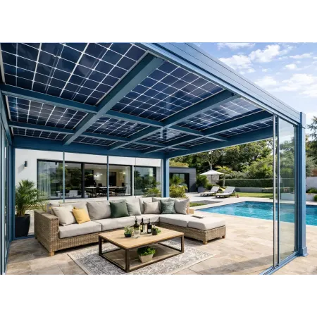Vue intérieure d’une pergola solaire en aluminium RAL 5014 montrant le dessous des panneaux photovoltaïques