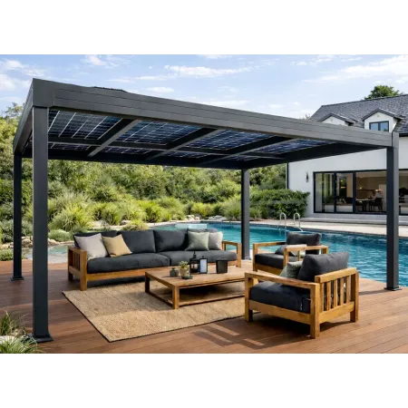 Pergola solaire en aluminium RAL 7016 installée sur terrasse avec salon de jardin contemporain et petite piscine résidentielle