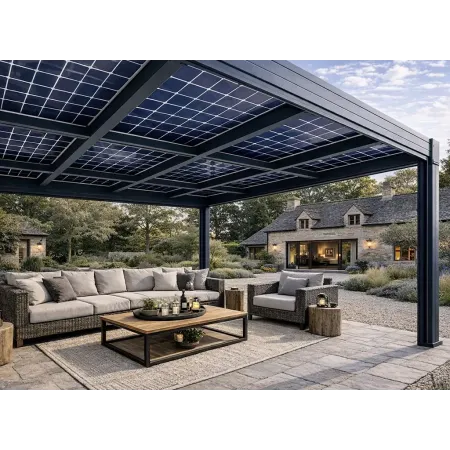 Pergola solaire en aluminium RAL 7016 avec panneaux photovoltaïques installée devant une maison traditionnelle en pierre