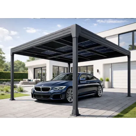 Carport solaire en aluminium anthracite avec panneaux photovoltaïques