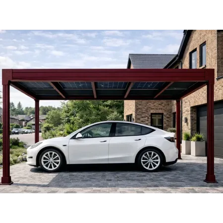 Carport solaire en aluminium RAL 3005 avec panneaux photovoltaïques, et une Tesla Model Y