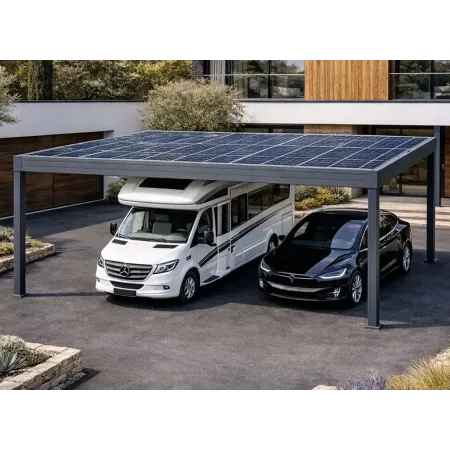 Carport solaire en profil aluminium RAL 7016, abritant un camping-car et une voiture sous panneaux photovoltaïques