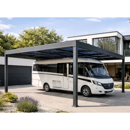 Carport solaire en aluminium RAL 7016, abritant un camping-car sous panneaux photovoltaïques