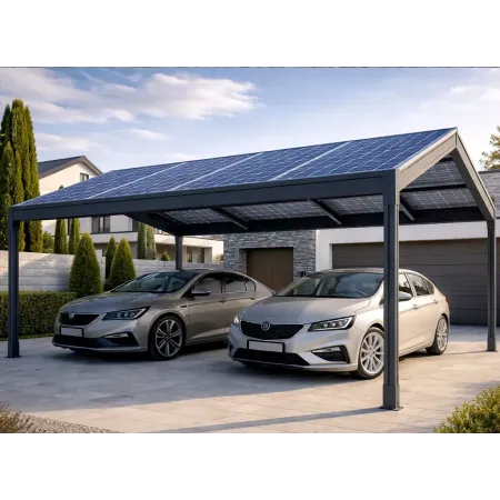 Carport solaire double à 2 pentes en aluminium RAL 7016 avec panneaux photovoltaïques, installé devant une maison moderne