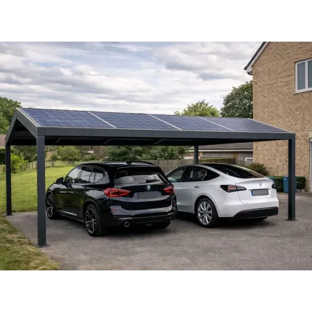 Carport solaire double à 2 pentes en aluminium RAL 7016 installé devant une maison résidentielle, sous panneaux photovoltaïques
