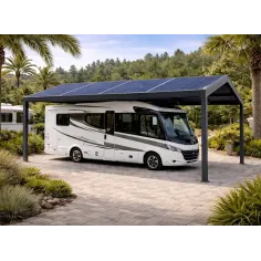 Carport solaire à 2 pentes en aluminium RAL 7016 installé sur sol pavé, protégeant un camping-car