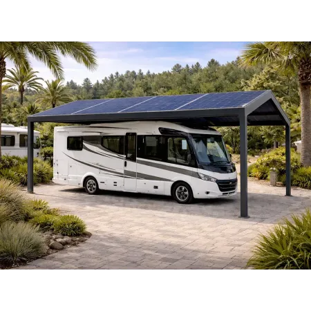 Carport solaire à 2 pentes en aluminium RAL 7016 installé sur sol pavé, protégeant un camping-car