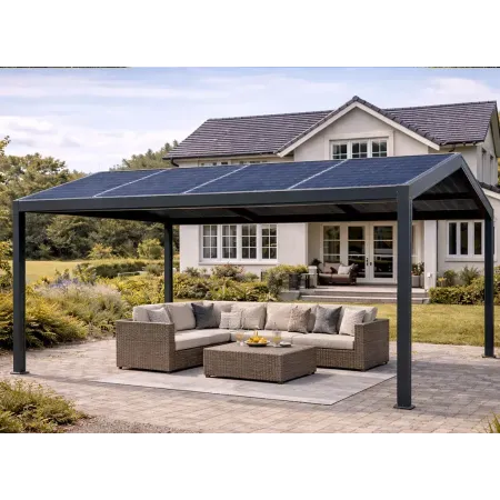 Carport solaire à 2 pentes en aluminium RAL 7016 aménagé en salon de jardin extérieur
