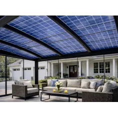 Carport solaire à 2 pentes en aluminium RAL 7016 avec cloisons vitrées coulissantes, devant une grande maison avec garage 2