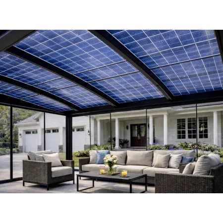 Vue rapprochée du dessous d’une pergola solaire à 2 pentes en aluminium RAL 7016 avec panneaux photovoltaïques