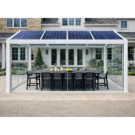 Pergola solaire à 2 pentes en aluminium RAL 9010 avec cloison vitrée en façade