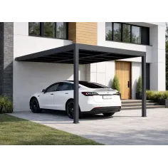 carport adossé en aluminium RAL 7016 protégeant une voiture électrique