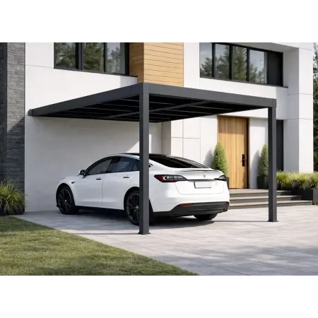 carport adossé en aluminium RAL 7016 protégeant une voiture électrique