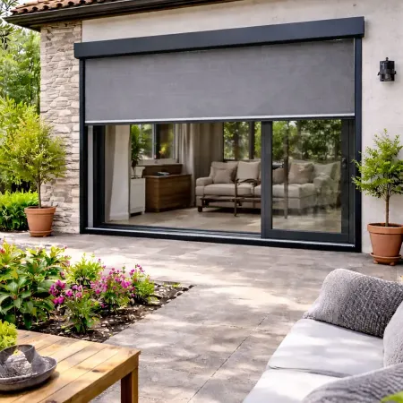 Store vertical ZIP mi-hauteur avec coffre RAL 7016 et toile Dickson Sunworker Open Iron M653 sur terrasse extérieure