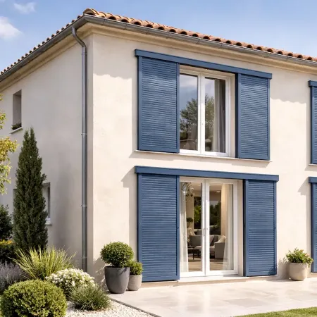 Volets coulissants en aluminium RAL 5014 bleu pigeon installés sur façade de maison méditerranéenne