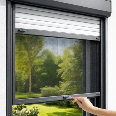 Volet roulant électrique avec moustiquaire intégrée anthracite sur mesure avec système push-push et toile en fibre de verre