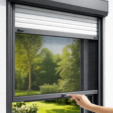 Volet roulant électrique avec moustiquaire intégrée anthracite sur mesure avec système push-push et toile en fibre de verre