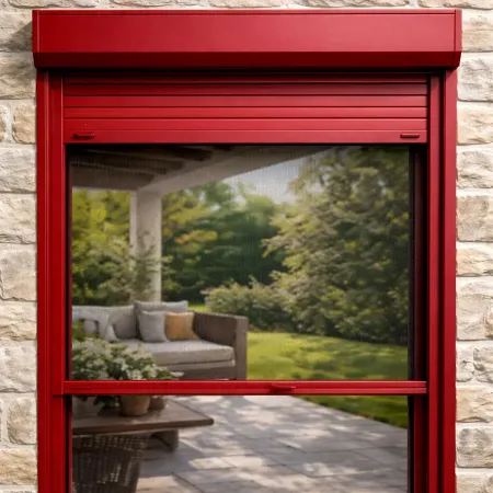 Volet roulant électrique avec moustiquaire intégrée RAL 3005, coffre aluminium et lames isolées avec toile en fibre de verre