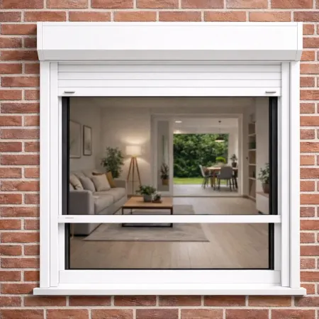 Volet roulant électrique avec moustiquaire intégrée RAL 9010 sur mur brique, vue sur salon intérieur sans reflet et moustiquaire