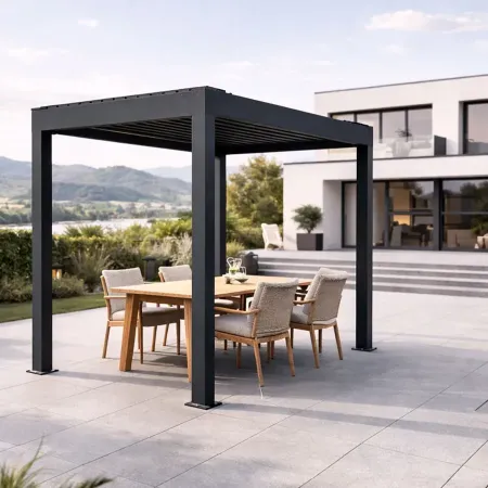 Pergola bioclimatique îlot en aluminium RAL 7016 vue de droite, installée sur terrasse moderne