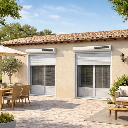 Volets roulants solaires sur baie vitrée d’une maison de plain-pied, installation extérieure moderne avec terrasse aménagée