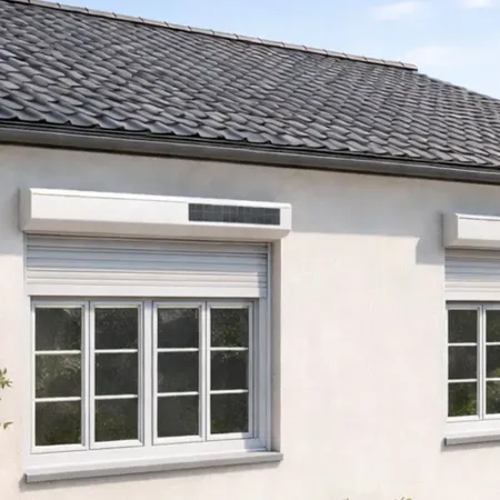 Volets roulants solaires sur maison moderne, installation sur baies vitrées pour confort thermique et autonomie énergétique