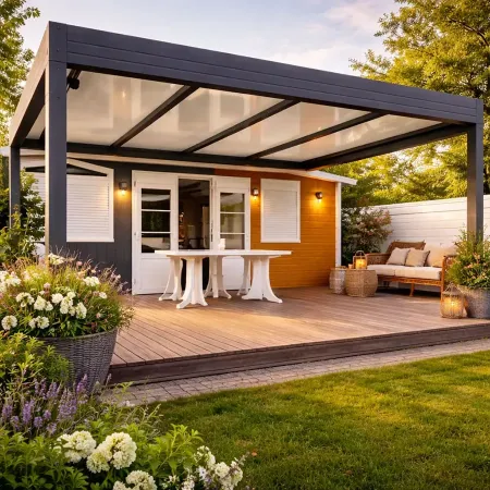 Carport aluminium autoporté sur terrasse aménagée avec mobilier extérieur dans un cadre moderne et chaleureux
