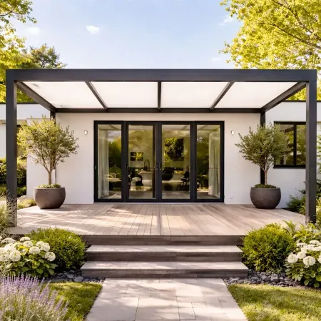 Carport aluminium autoporté avec panneaux de toiture RAL 9010 blanc sur terrasse moderne en bois avec design contemporain