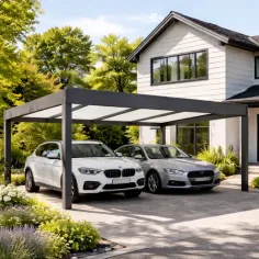 Carport aluminium autoporté avec bandeau RAL 7016 et toiture RAL 9010 installé sur parking devant maison moderne