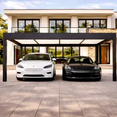 Carport aluminium autoporté avec bandeau RAL 7016 et toiture RAL 9010 installé sur parking devant maison moderne 2