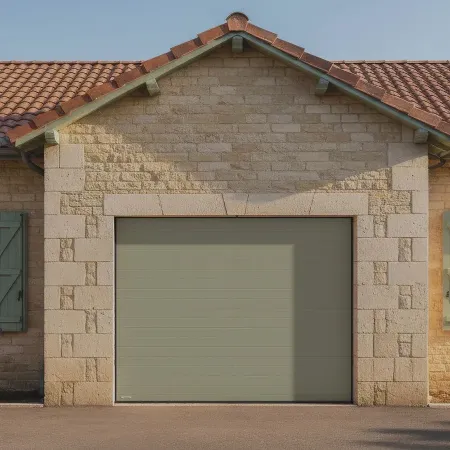 Porte de garage sectionnelle verte installée sur maison en pierre style provençal avec façade traditionnelle et volets en bois